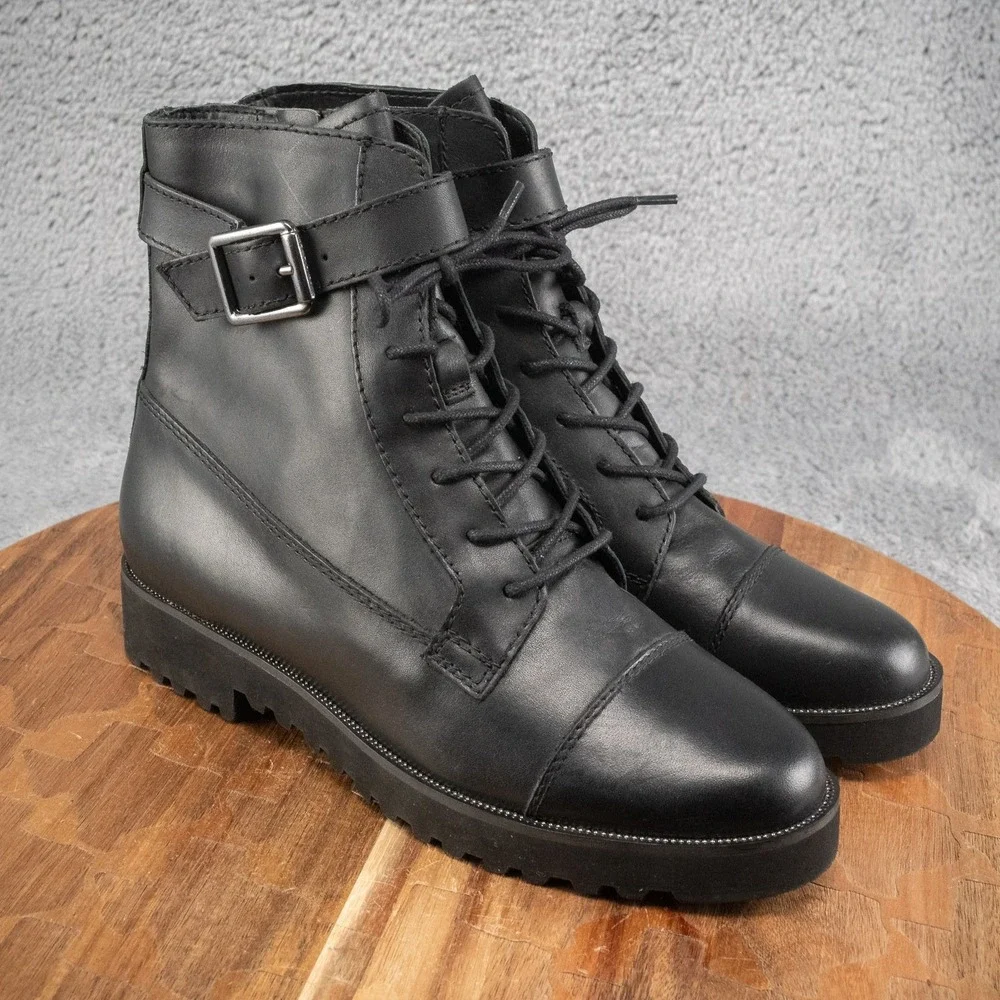 Franco Sarto Shoes Women's 6M Black Ankle Boots Carlson Lace‎ Up Leather Buckle